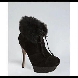 L.A.M.B black fur lace up booties Sz  9.5